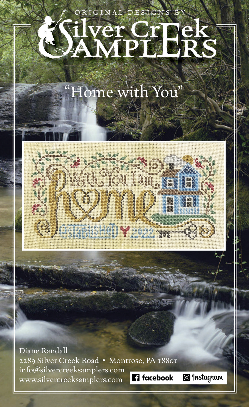 Advertisement for Silver Creek Samplers with a cross-stitch design and natural background