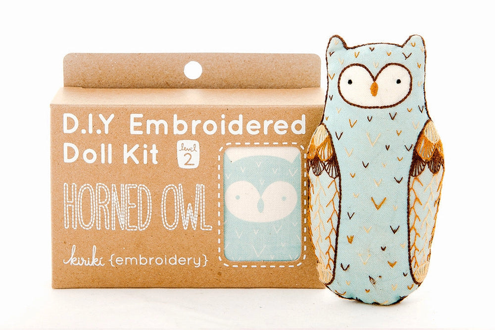 D.I.Y. Embroidered Doll Kit with a horned owl design on a white background