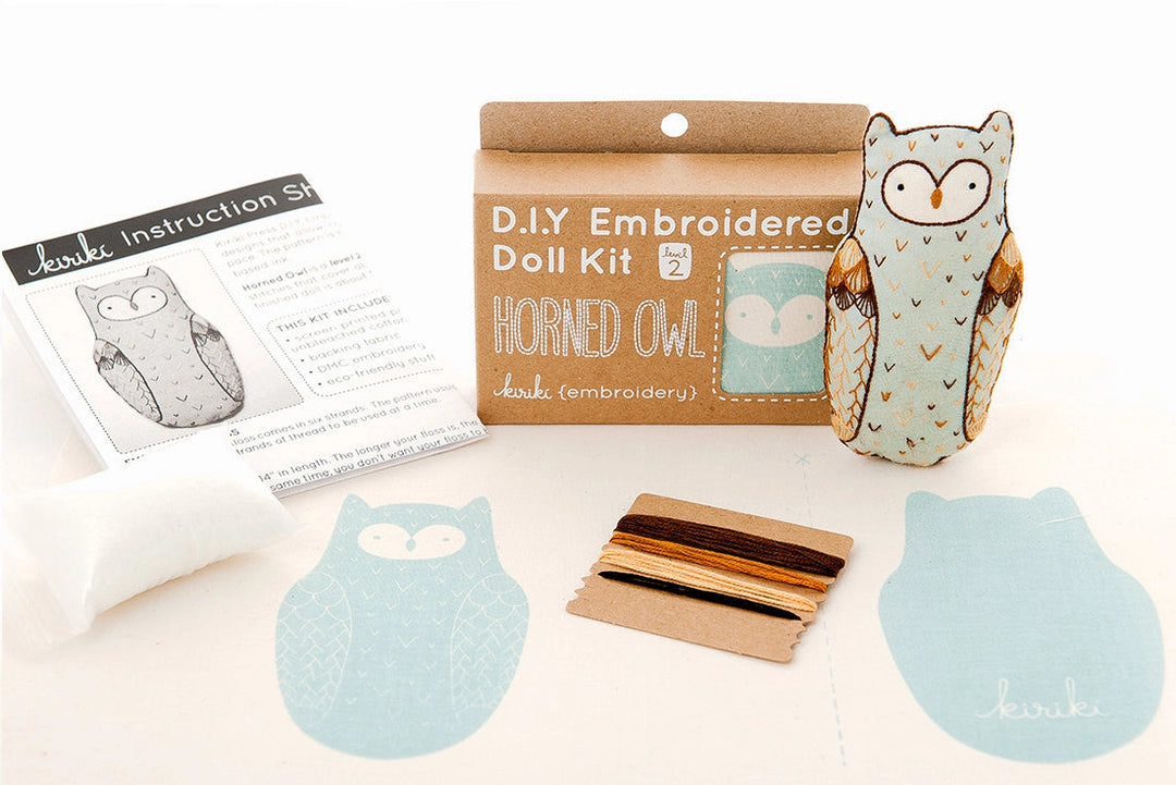 DIY Embroidered Doll Kit with owl design on a white background
