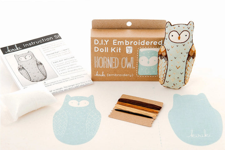 DIY Embroidered Doll Kit with owl design on a white background