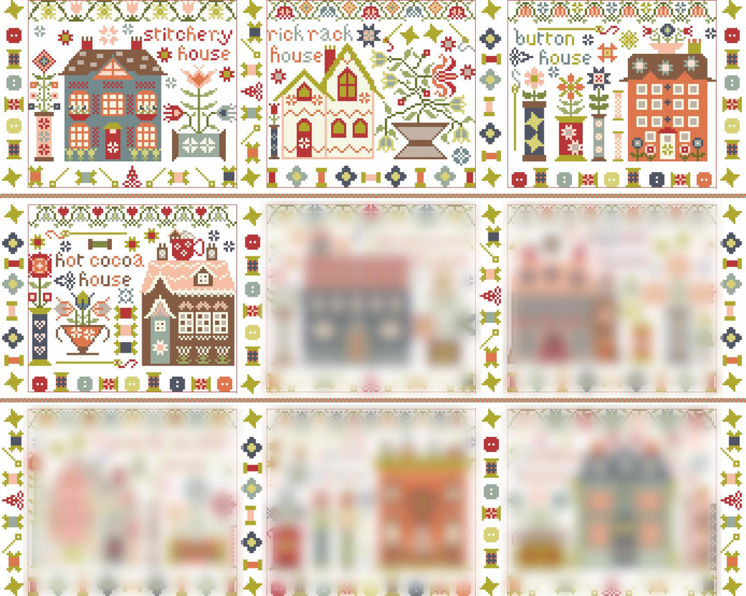 Collection of cross-stitched house patterns with colorful designs on a white background.