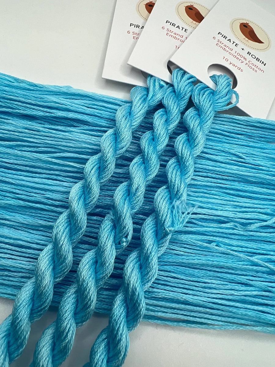 Blue braided thread with packaging in the background