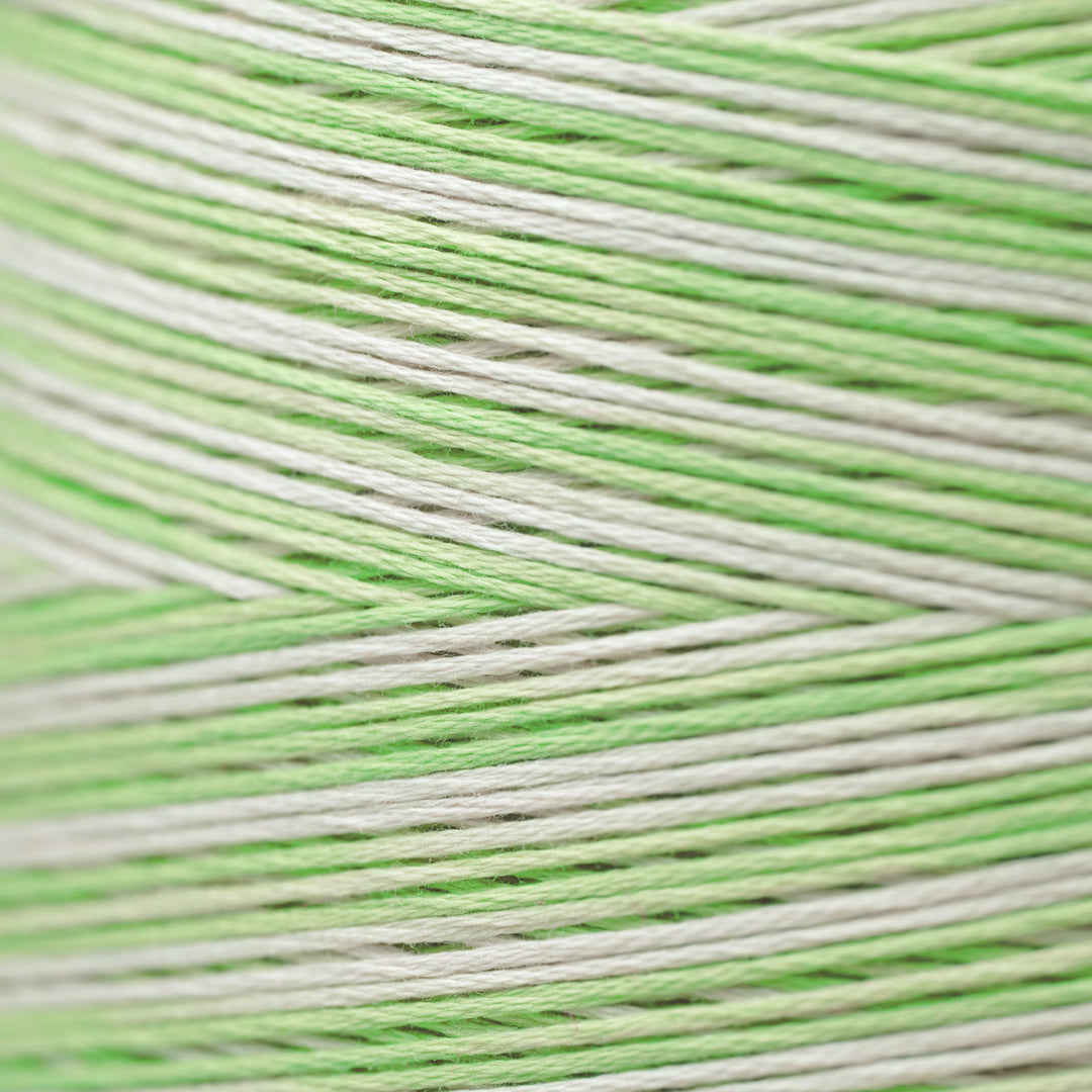 A close-up of light green and off-white yarn strands wound together, showing the texture and color pattern.