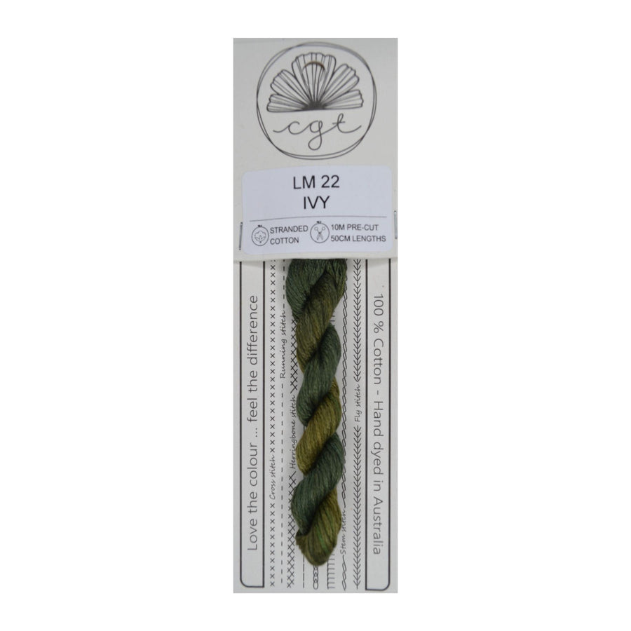 A card package of Ivy-green hand-dyed cotton cross-stitch and embroidery floss by Cottage Garden Threads, displaying the floss in a green color.