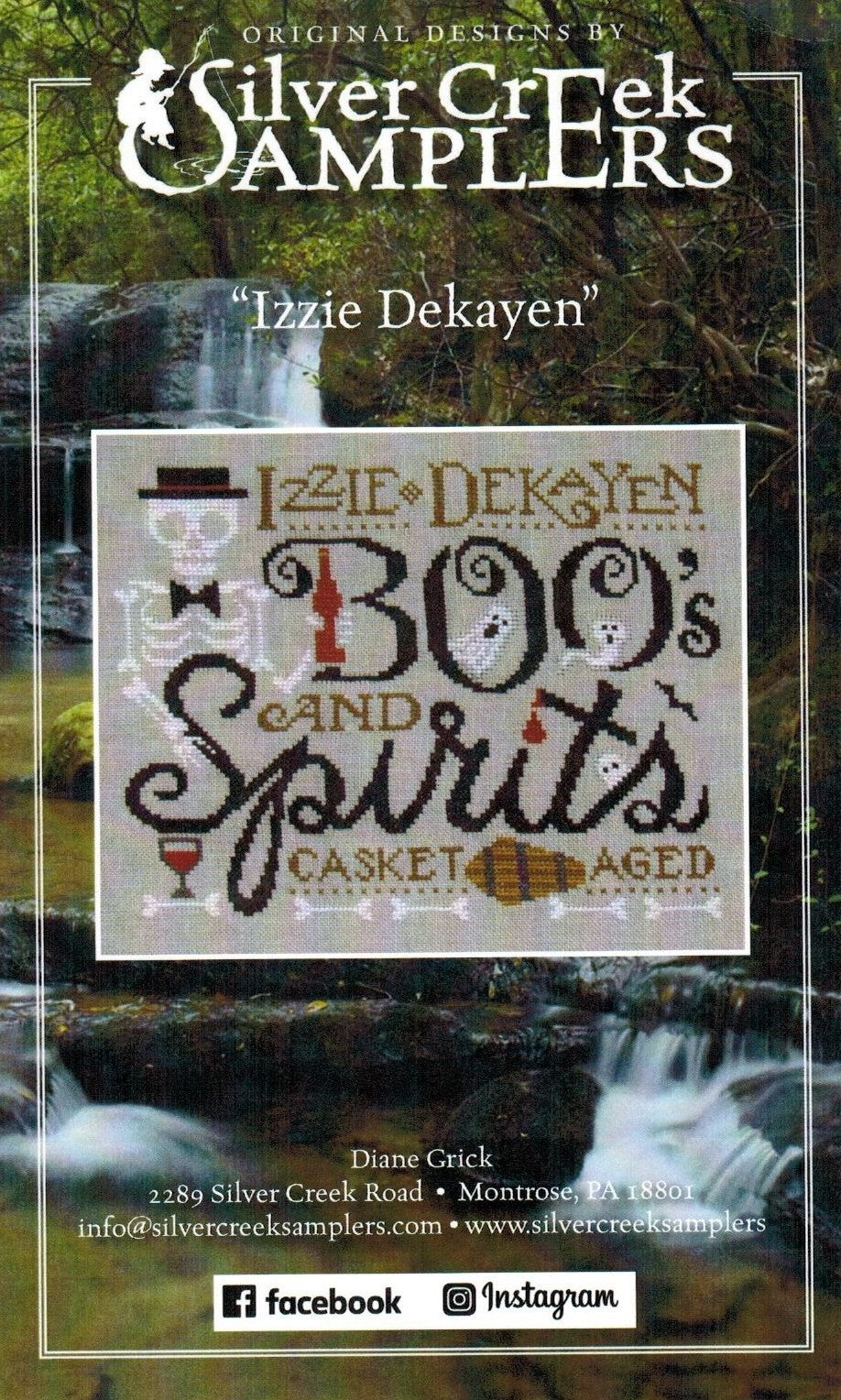 Cover of a Silver Creek Samplers cross-stitch pattern titled 'Izzie Dekayen Boo's and Spirits Casketaged', featuring a central stitched design preview over a waterfall forest background.