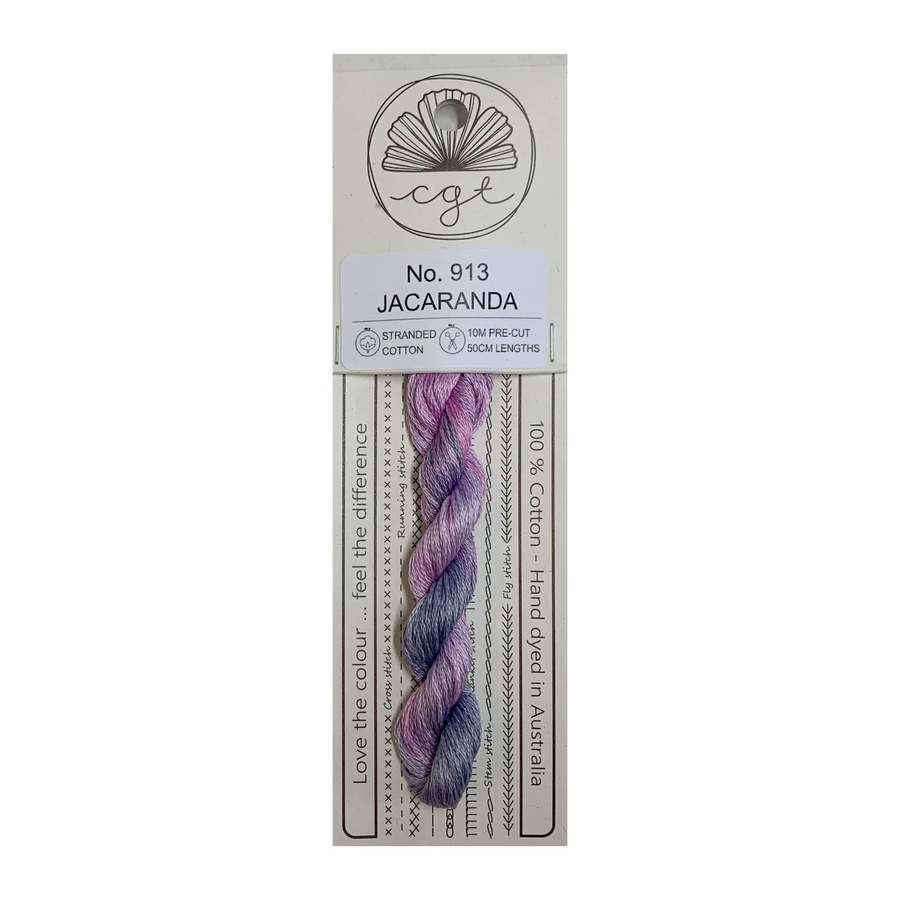 Packaged purple thread with a label indicating color 'Jacaranda' and brand CGT'.