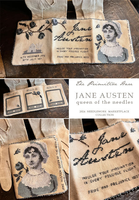A collage of images showing a textile craft item with an embroidered design featuring Jane Austen's portrait, titled 'Jane Austen Queen of the Needles'. It includes close-ups of the embroidery and the linen fabric.
