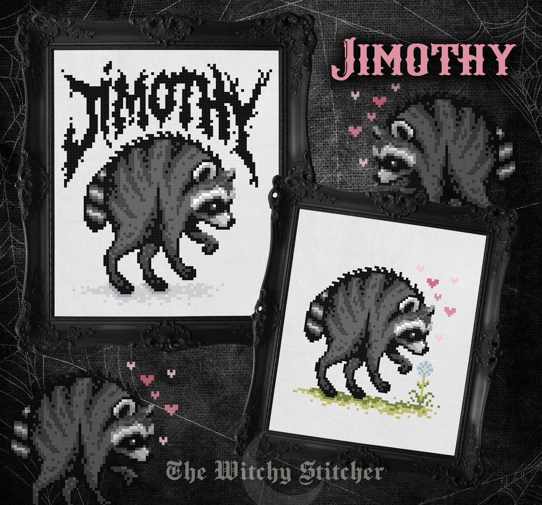 A gothic-themed cross-stitch pattern preview featuring a raccoon design. The image shows two framed stitched panels on a dark textured background with spiderwebs: one with the word 'JIMOTHY' in a black gothic font and one with small pink hearts and a flower.