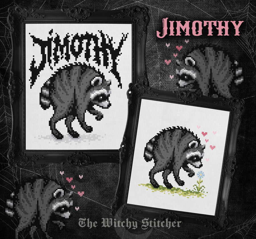 A gothic-themed cross-stitch pattern preview featuring a raccoon design. The image shows two framed stitched panels on a dark textured background with spiderwebs: one with the word 'JIMOTHY' in a black gothic font and one with small pink hearts and a flower.