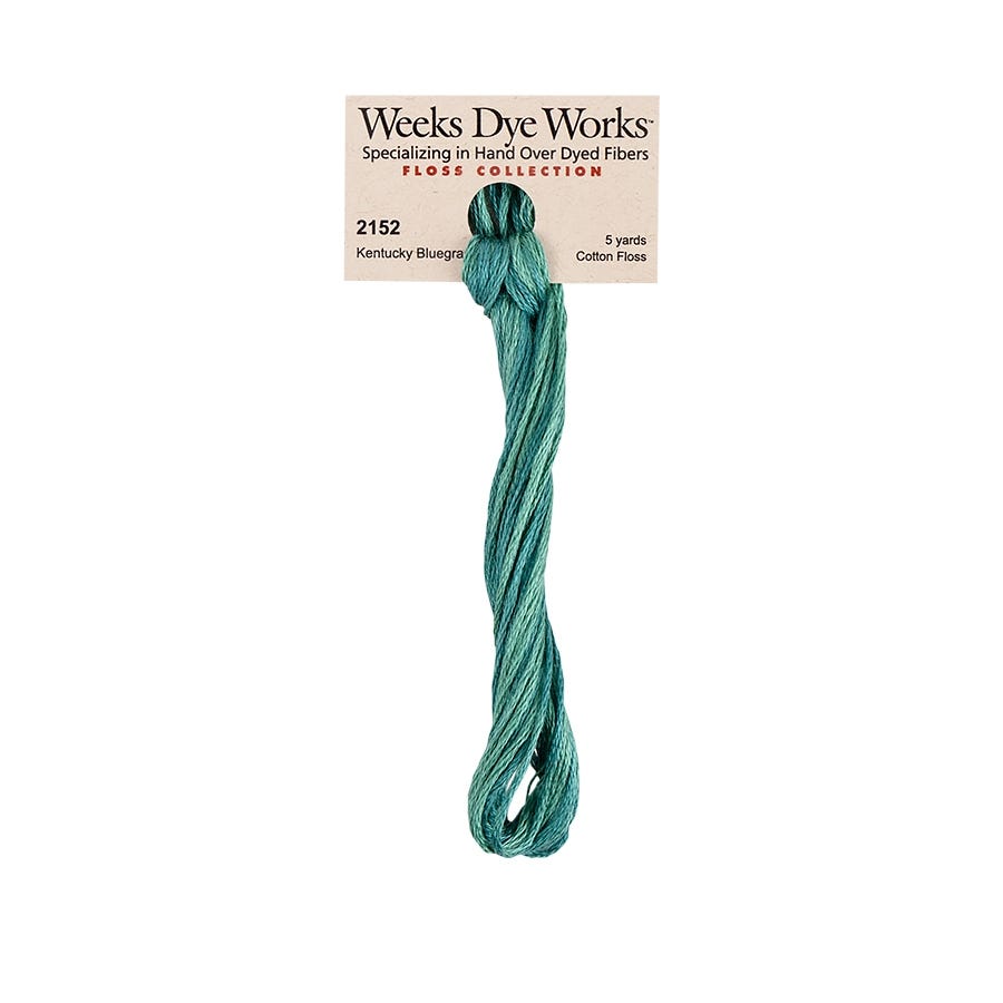 A single skein of Weeks Dye Works Kentucky Blugrass cotton embroidery floss in a teal green color, hanging from a cardboard tag against a plain white background.