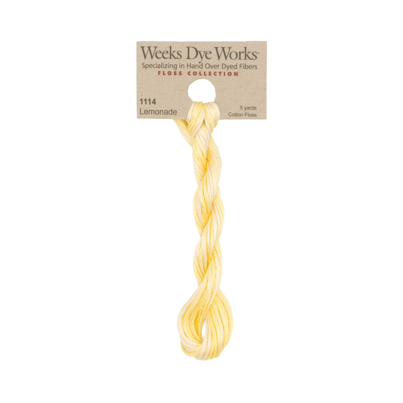 A skein of Weeks Dye Works Lemonade cotton embroidery floss, packaged on a kraft paper header card, shown against a plain white background.
