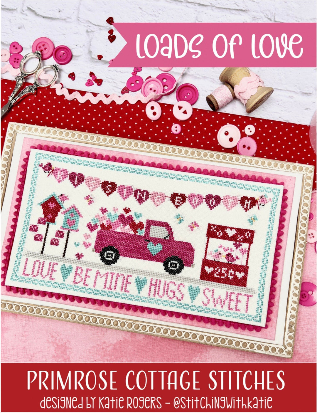 Cross-stitch pattern with Valentine's Day theme on a red and white polka dot fabric background.