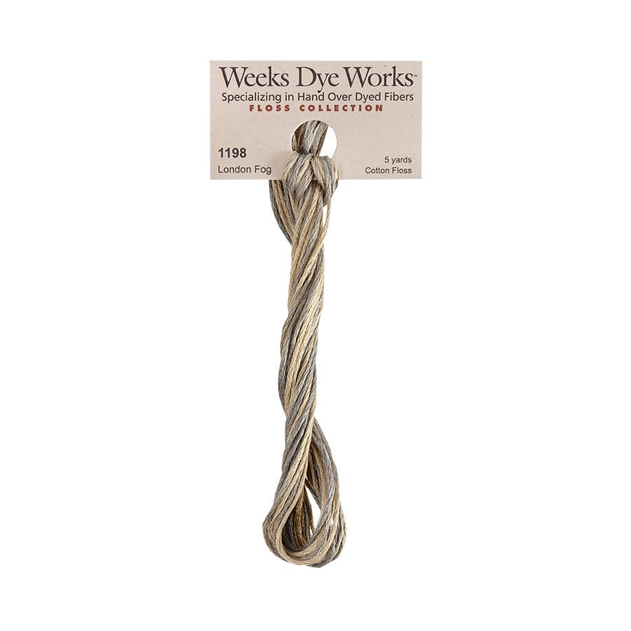 A single skein of Weeks Dye Works London Fog cotton floss thread shown on a paper header card against a plain white background.