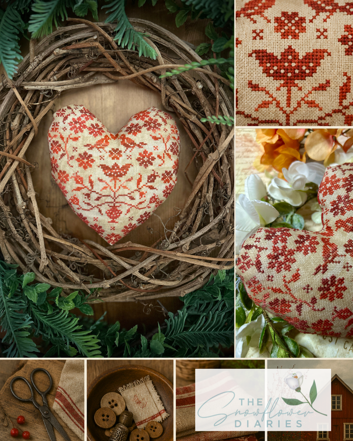 A collage showing a decorative embroidered heart-shaped pillow in a rustic wreath, close-ups of the fabric pattern, floral styling, sewing tools, and a logo reading The Snowflower Diaries.