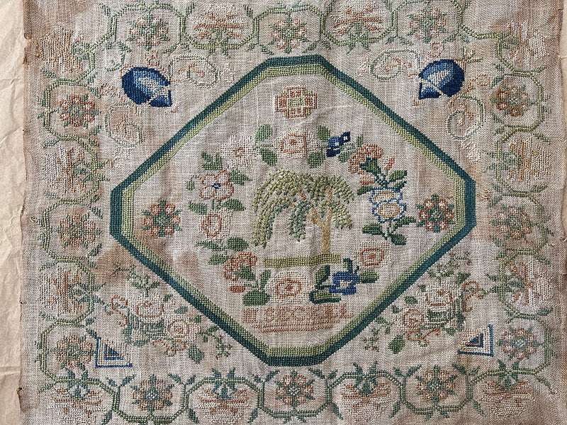 Embroidered fabric with floral and geometric patterns