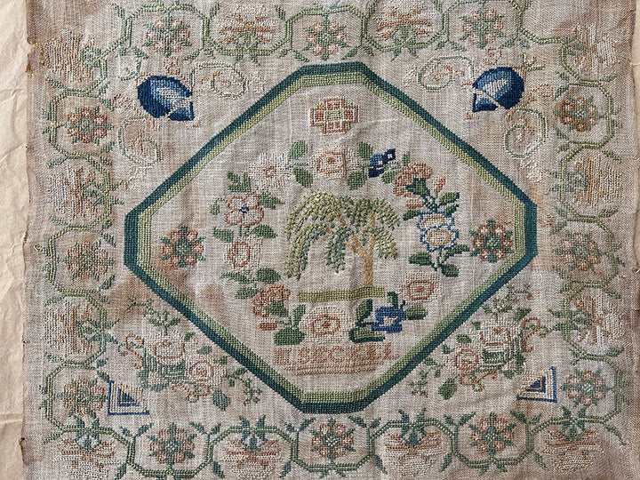 Embroidered fabric with floral and geometric patterns