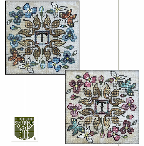 Two floral cross-stitch patterns with a central letter 'T' and Tellin Emilion logo.