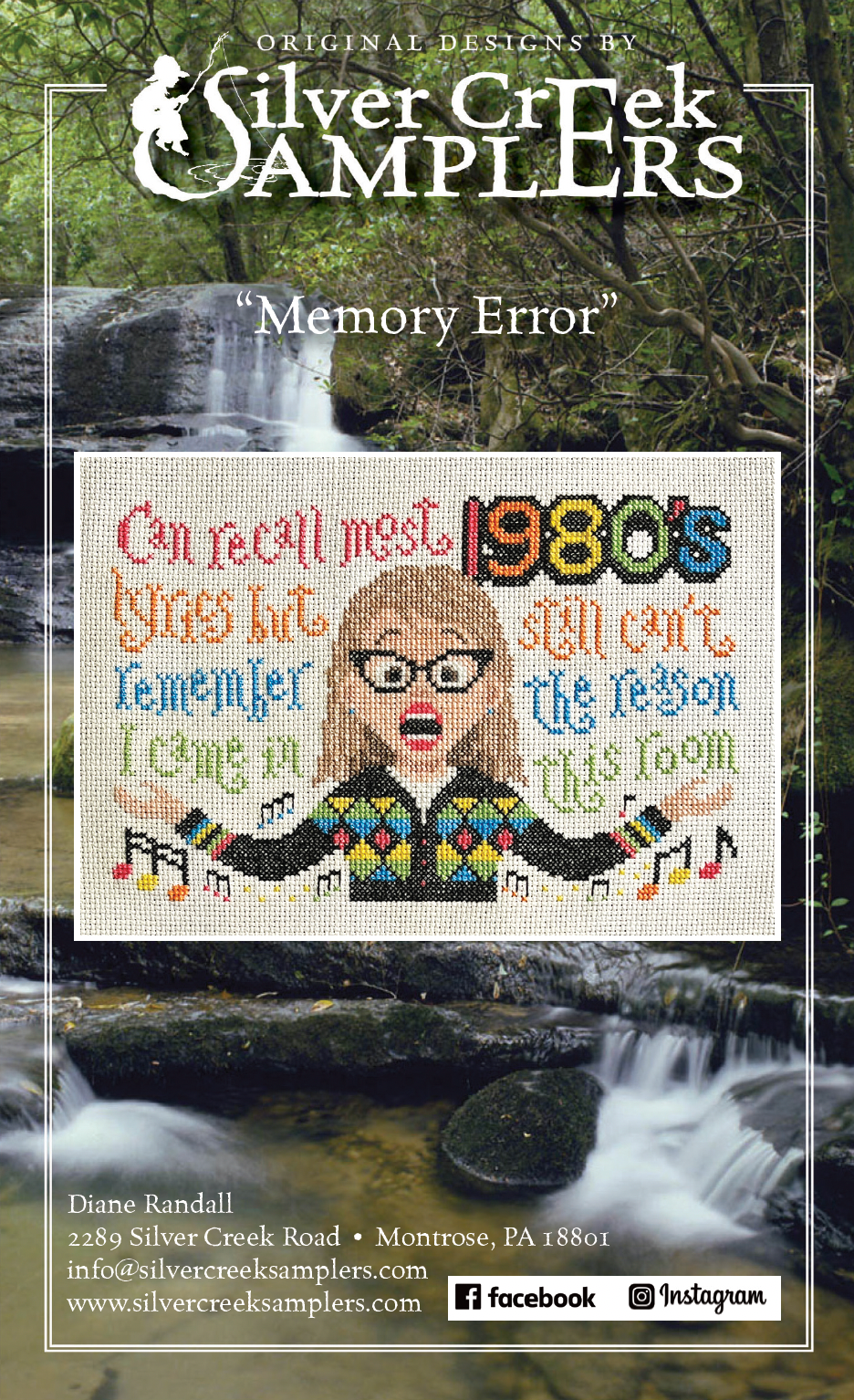Cross-stitch pattern with text and character design, set against a natural background with waterfalls.