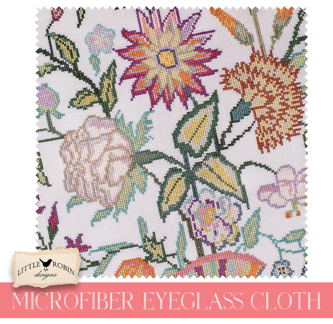 A square sample of Little Robin Designs microfiber eyeglass cloth featuring a colorful floral pattern on a white background, with a small brand tag and the text 'MICROFIBER EYEGLASS CLOTH' at the bottom.