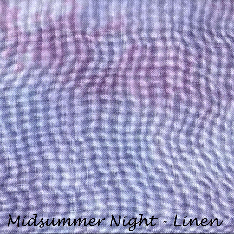 Textured fabric swatch with 'Midsummer Night - Linen' label on a purple background
