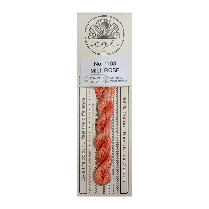 Packaged skein of Mill Rose pink thread with CGT branding on a white background