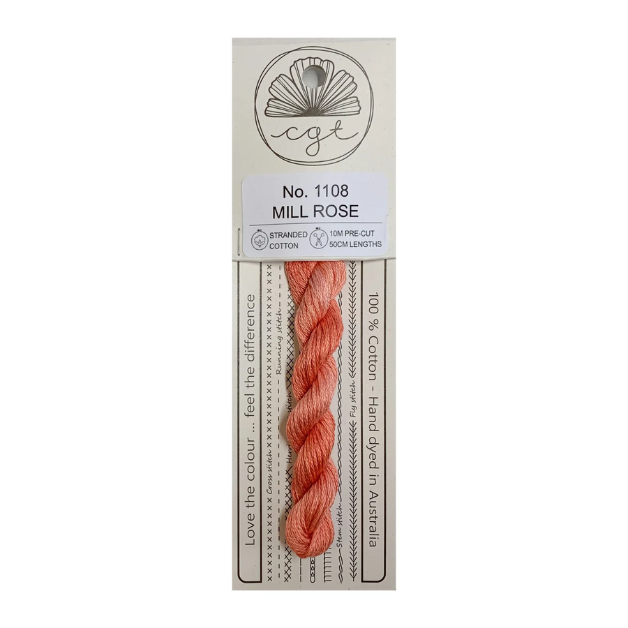 Packaged skein of Mill Rose pink thread with CGT branding on a white background