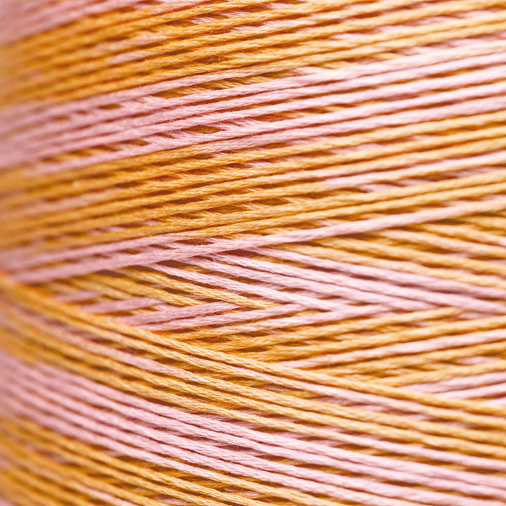 Close-up of a wound spool of embroidery thread in a variegated pattern of warm mustard yellow and soft pink.