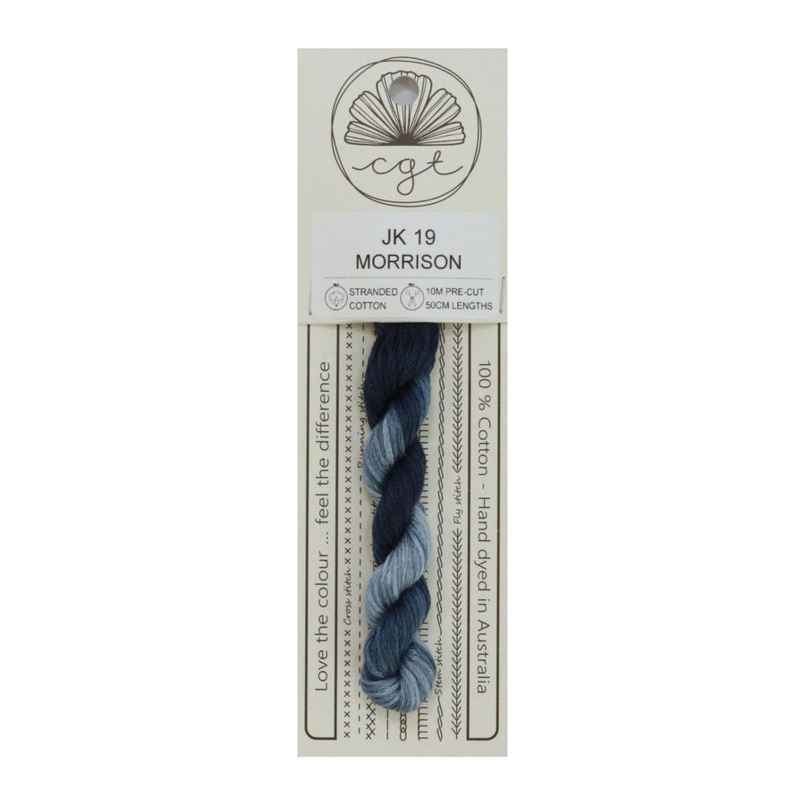 A skein of Cottage Garden Threads pre-cut 6 Strand Hand-Dyed 100% cotton cross stitch and embroidery floss in color blue, packaged on a card with product information.