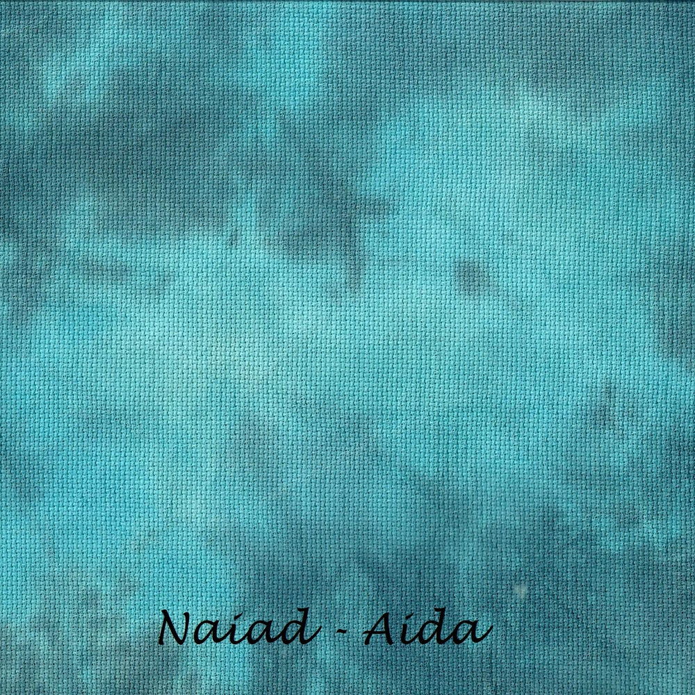 A square fabric swatch with a mottled turquoise, teal, and blue textured pattern, featuring the text 'Naiad - Aida' printed in black at the bottom.