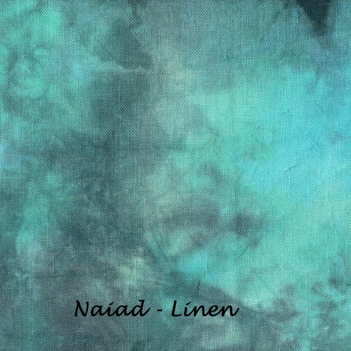 A close-up of a textured fabric with a mottled teal, turquoise, and gray linen-like pattern. The text 'Naiad - Linen' is printed in black at the bottom center.