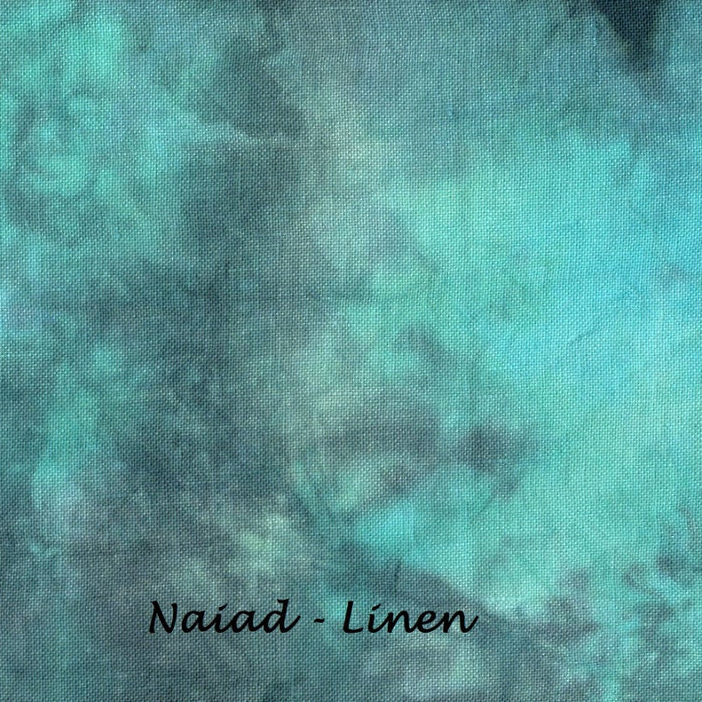 A close-up of a textured fabric with a mottled teal, turquoise, and gray linen-like pattern. The text 'Naiad - Linen' is printed in black at the bottom center.