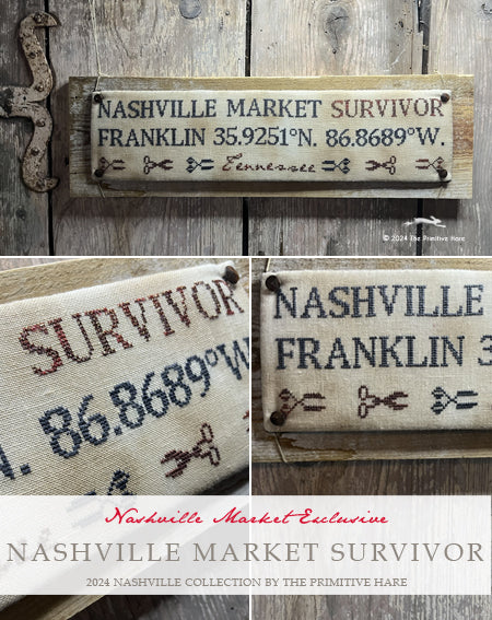Wooden sign with text 'Nashville Market Survivor' and coordinates, displayed on a wooden background.