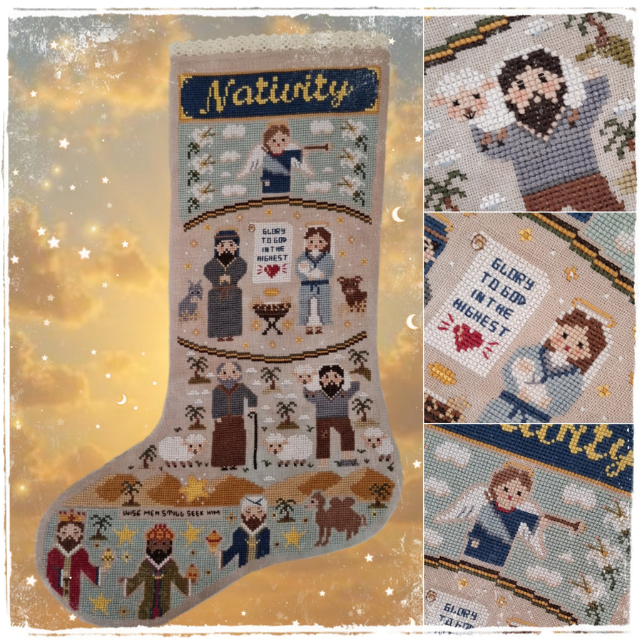 A cross-stitch style Christmas stocking design featuring illustrated figures from the Nativity scene, with embroidered text including 'Nativity' and 'Glory to God in the Highest.' The main stocking is shown on the left, with three close-up detail panels on the right against a soft golden background with star and moon motifs.