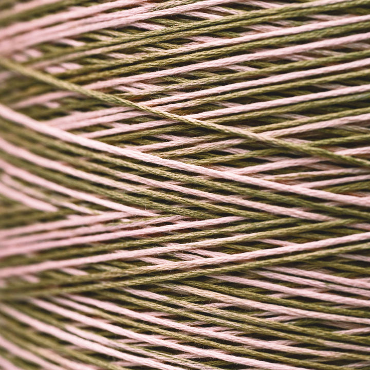 A close-up of tightly wound embroidery thread in a variegated colorway of olive green, dusty pink, and light brown.