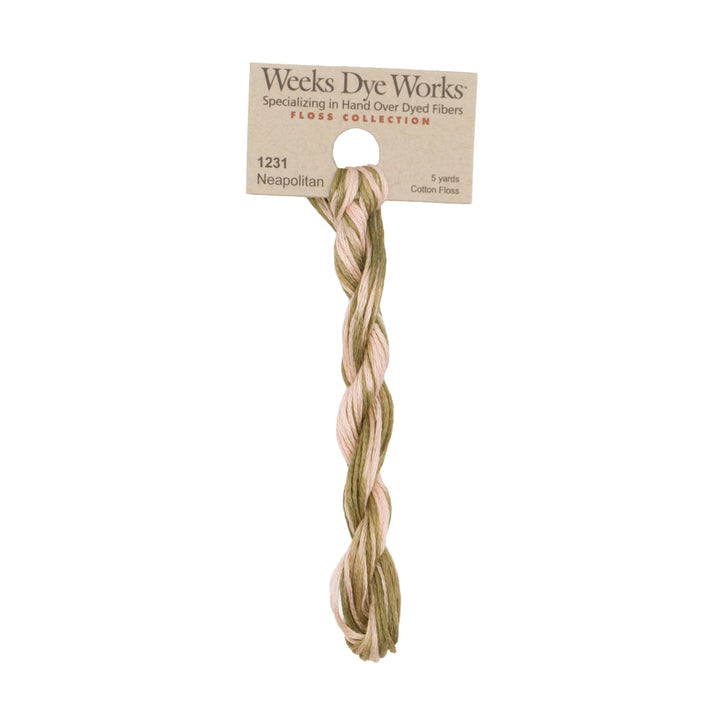 A single braided skein of Weeks Dye Works Floss Collection cotton thread in the shade Nespolitan, featuring a beige paper header card.