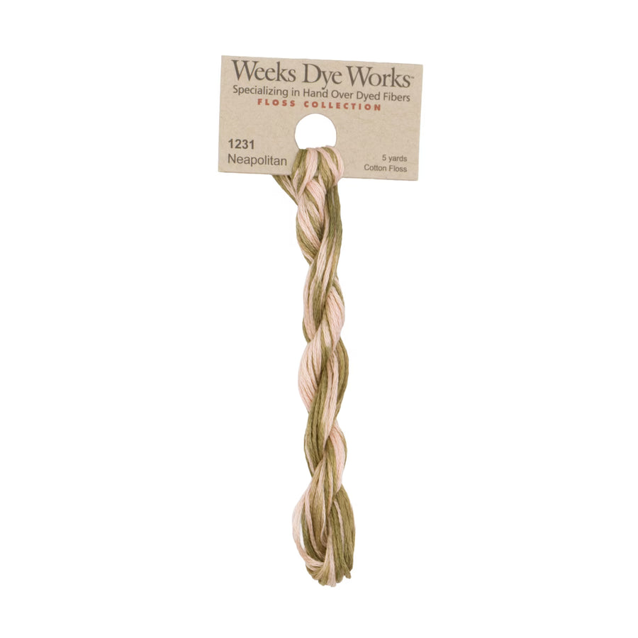 A single braided skein of Weeks Dye Works Floss Collection cotton thread in the shade Nespolitan, featuring a beige paper header card.