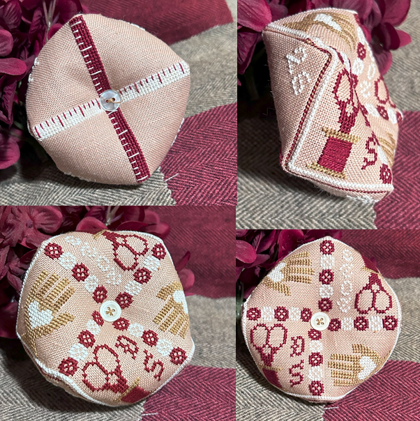 Collage of four embroidered fabric items on a floral background