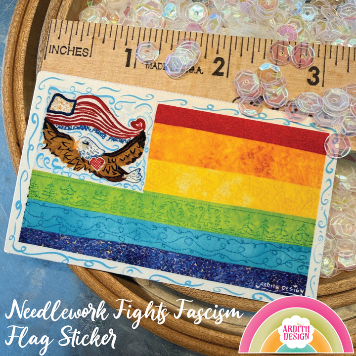 Pre-Order: Needlework Fights Fascism Flag - Sticker *fundraiser item* | Ardith Design (ships in March)