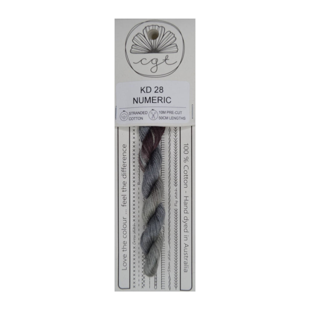 Packaged grey thread with a label indicating brand and product details on a white background