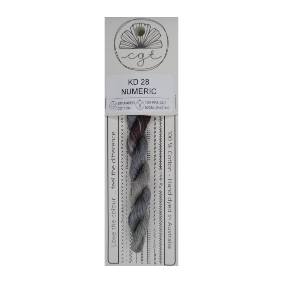 Packaged grey thread with a label indicating brand and product details on a white background