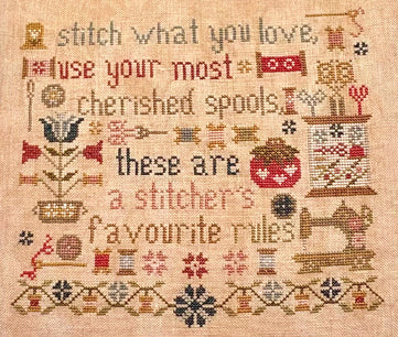 Cross-stitched pattern with text and decorative elements on a beige background