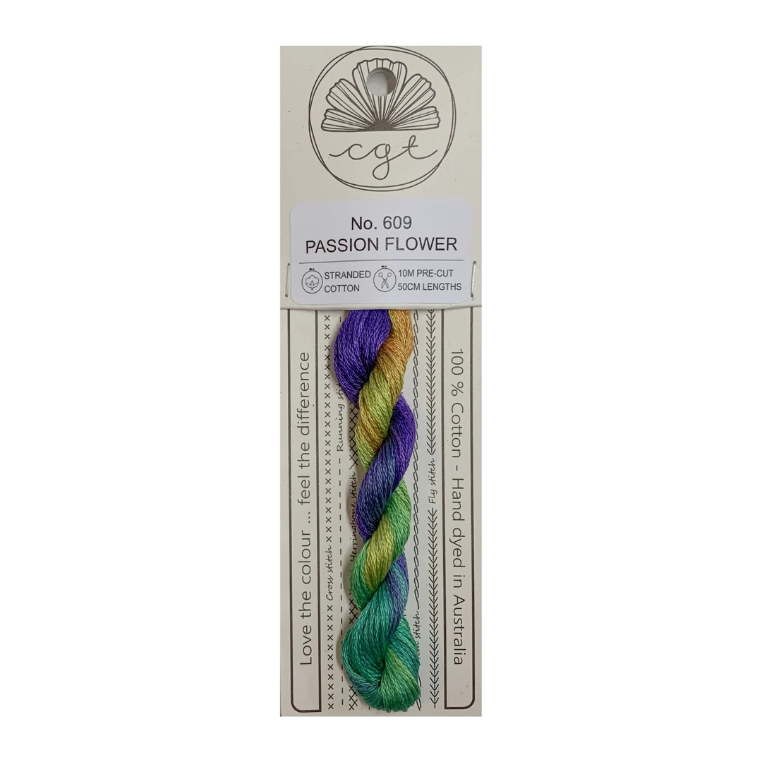 Packaging of Cottage Garden Threads pre-cut 6 Strand Hand-Dyed 100% cotton cross stitch and embroidery floss, with a visible color gradient of the floss.