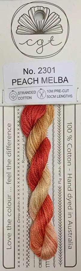 A packaged skein of cotton embroidery floss labeled 'No. 2301 PEACH MELBA' with a shell logo and text reading '100% Cotton - Hand dyed in Australia.