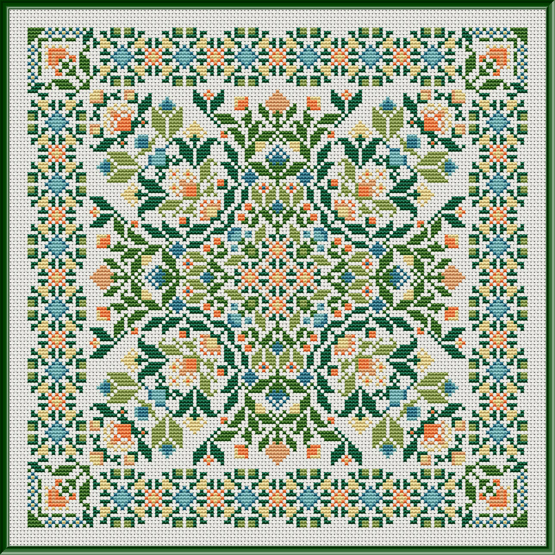 A detailed image of a embroidered peach and teal blooms pattern with greenery, on a green background, charted with DMC.