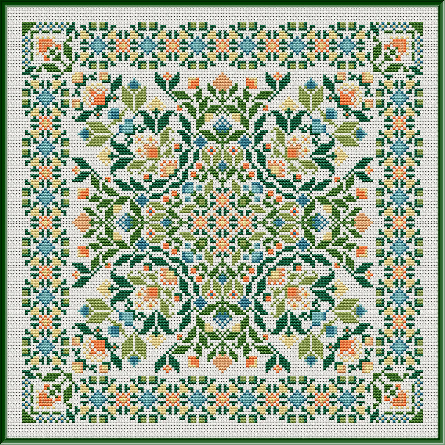 A detailed image of a embroidered peach and teal blooms pattern with greenery, on a green background, charted with DMC.