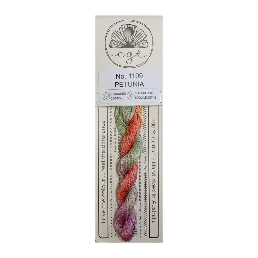 A skein of Cottage Garden Threads pre-cut 6 Strand Hand-Dyed 100% cotton cross stitch and embroidery floss, displayed on a card with branding and product information.