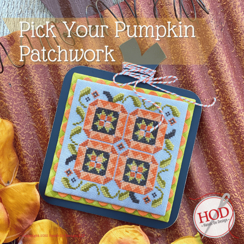 Patchwork design on a fabric background with 'Pick Your Pumpkin Patchwork' text and HOD logo.
