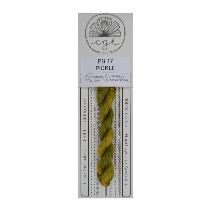 A card package of Cottage Garden Threads with a pre-cut 6 strand hand-dyed 100% cotton cross stitch and embroidery floss in green color.
