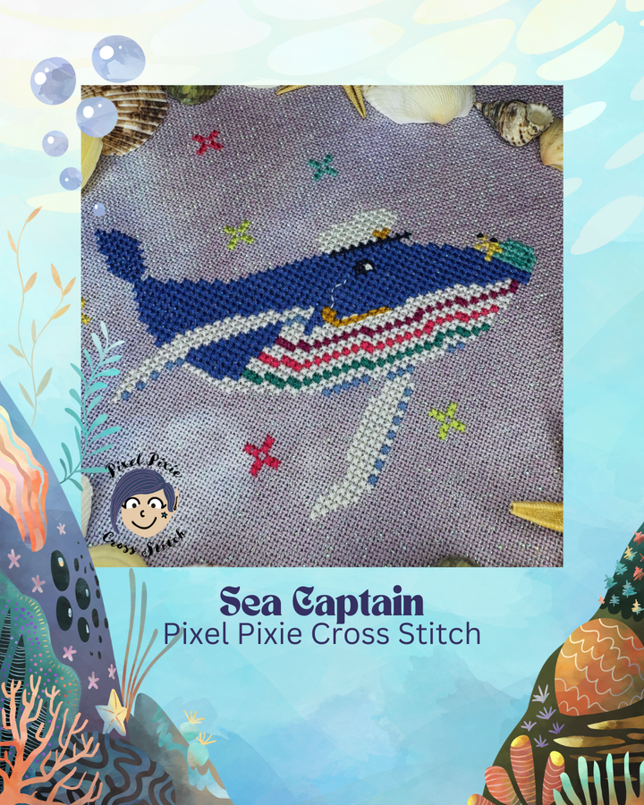 Cross stitch pattern of a whale with 'Sea Captain Pixel Pixie Cross Stitch' branding on a blue background.
