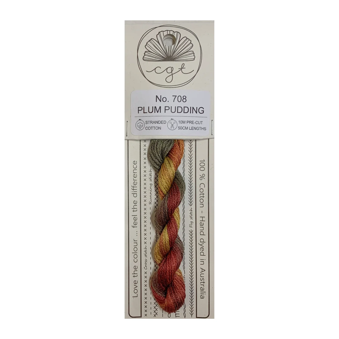 A package of CGT No. 708 Plum Pudding thread, showing a twisted sample of the variegated thread in shades of red, orange, yellow, and brown, set against a plain white background.